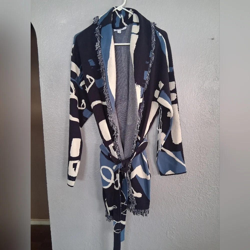 Chico's NWT Modern Impress Fringe Cardigan Classic Navy Abstract 3/XL